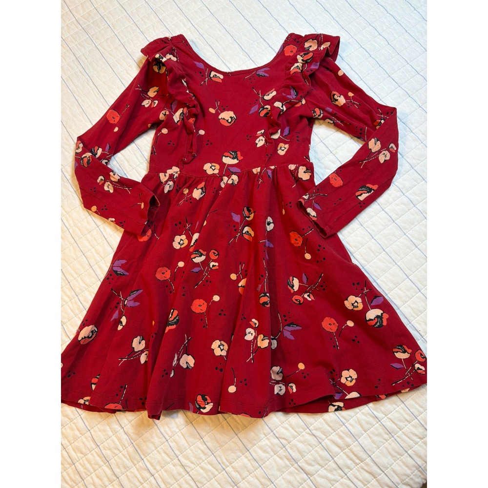 Tea Collection Girls Red Floral Ruffle Long Sleeve Skater Dress Size 6 21W12309